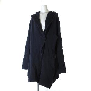 カーディガン 羽織 ロング 長袖 フード シワ加工 コットン ウール混 ネイビー アウター