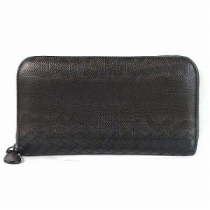 ラウンドファスナー リザード型押し イントレチャート 切替 長財布 ブラック