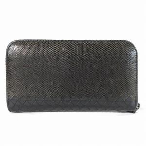 BOTTEGA VENETA ラウンドファスナー リザード型押し イントレチャート 切替 長財布 ブラック