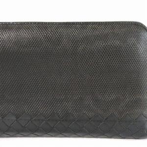 BOTTEGA VENETA ラウンドファスナー リザード型押し イントレチャート 切替 長財布 ブラック