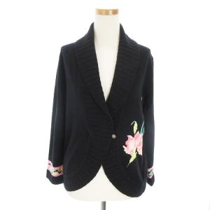 FASHION カーディガン ショールカラー ビジュー 花柄 カシミヤ シルク混 M ブラック