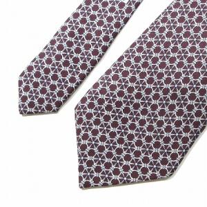 HERMES ネクタイ レギュラータイ シルク 総柄 プリント フランス製  ボルドー