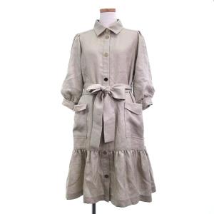 ワンピース ひざ丈 フレア 五分袖 バルーンスリーブ 36 ベージュ