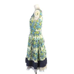 Lois CRAYON ワンピース ひざ丈 ノースリーブ 裾レース スクエアネック 花柄 ブルー系 M