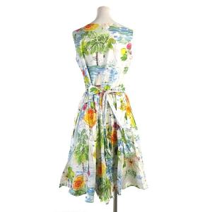 Lois CRAYON ワンピース ひざ丈 ノースリーブ 花柄 リボン シェル 貝ボタン コットン ホワイト系 M