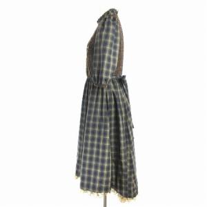 Lois CRAYON ワンピース ロング チェック 切替 ツイード ギャザーネック レース 花刺繍 リボン グリーン