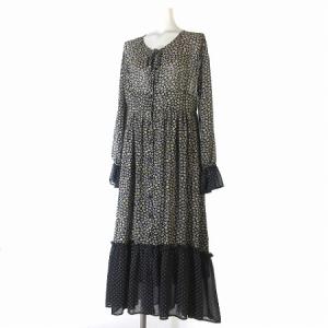 近年モデル 美品 ワンピース ロング 長袖 フリル 花柄 アンダースカート付き 38 ブラック