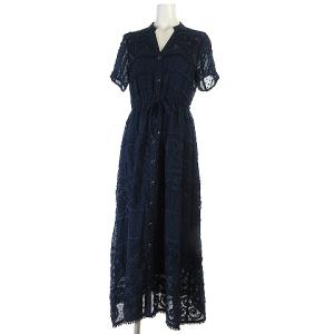20AW ワンピース スキッパー ノーカラー シフォン 刺繍 36 ネイビー