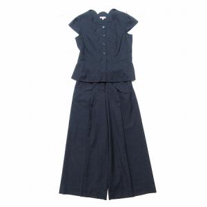 TOCCA セットアップ シャツ 半袖 スカラップ ワイドイージーパンツ リボンベルト リネン混 ネイビー