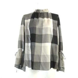 美品 21SS ギャザーネック ブラウス ブロックチェック 長袖ブラック グレー 36