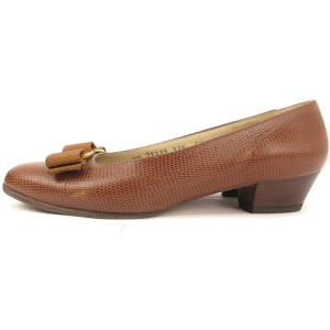 Salvatore Ferragamo パンプス ヴァラリボン ラウンドトゥ リザード 型押し レザー 茶 ブラウン 6.5 C 23.5cm 靴
