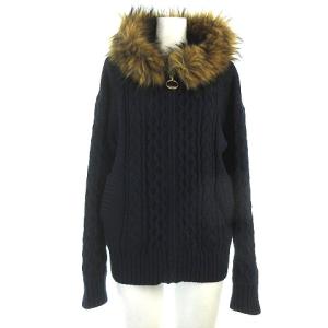 パーカー ニット ケーブル 長袖 フェイクファー付き ウール ジップアップ ネイビー