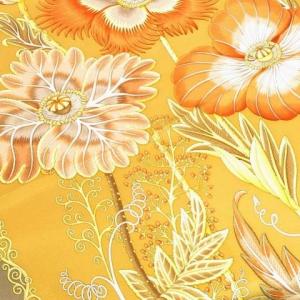 フラワープリント シルク スカーフ ストール イタリア製 大判 花柄 シノワズリ オレンジ グリーン イエロー 0213