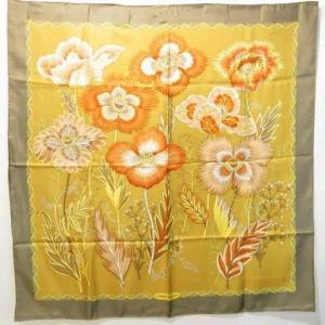 Salvatore Ferragamo フラワープリント シルク スカーフ ストール イタリア製 大判 花柄 シノワズリ オレンジ グリーン イエロー 0213