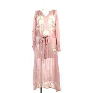 19SS ジョーゼット 刺繍 チュニックワンピース ロング 長袖 レース リボンベルト付き ピンク
