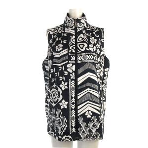 ベスト リバーシブル 花柄 ジップアップ ハイネック ラインストーン ビジュー ネイビー