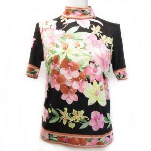 FASHION フラワープリント カットソー ハイネック Tシャツ 半袖 ピンク M ブラック