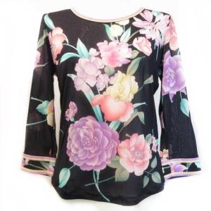 FASHION フラワープリント シアー カットソー パワーネット Tシャツ ネイビー パープル