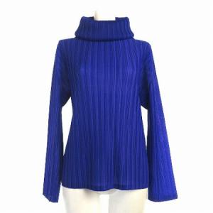 イッセイミヤケ タートルネックカットソー プリーツ 長袖 無地 3 ブルー 