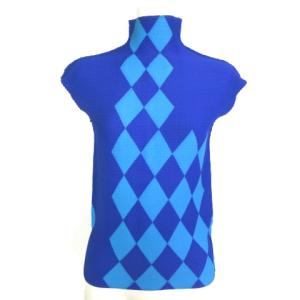 フレンチスリーブカットソー プリーツ ハイネック ボトルネック ダイヤ柄 ブルー