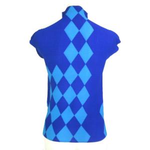 me ISSEY MIYAKE フレンチスリーブカットソー プリーツ ハイネック ボトルネック ダイヤ柄 ブルー