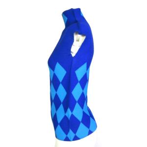 me ISSEY MIYAKE フレンチスリーブカットソー プリーツ ハイネック ボトルネック ダイヤ柄 ブルー