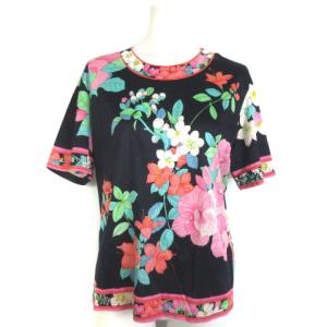 FASHION カットソー ブラウス 半袖 花柄 L ネイビー ピンク