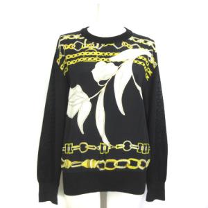 FASHION 長袖 シルク100 ニットソー ドッキング 切替 花柄 チェーン ブラック