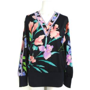 FASHION カットソー ニット 花柄 ドッキング リブ切替 ウール シルク ブラック ネイビー