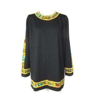 FASHION カットソー ブラウス 長袖 シルク混 ボタン柄 ブラック M