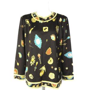 FASHION カットソー ブラウス シルク混 長袖 ジュエリー 宝石柄 ブラウン L