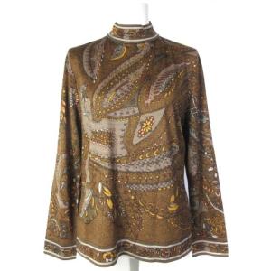 FASHION カットソー ハイネック ボトルネック ブラウス シルク混 ペイズリー 花柄 ブラウン