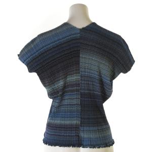 JURGEN LEHL 美品 近年 ノースリーブカットソー ブラウス Vネック ドルマン プリーツ グラデーション コットン J0102UB11 ブルー