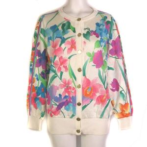 FASHION カーディガン ニット 長袖 総柄 金ボタン コットン アイボリー M