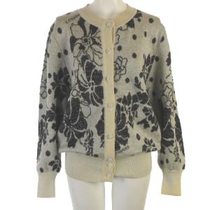 FASHION カーディガン 長袖 前開き 花柄 ラインストーン ウール アイボリー