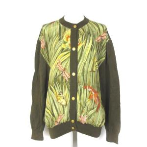 カーディガン 長袖 異素材 切替 総柄 金釦 シルク コットン カーキ L