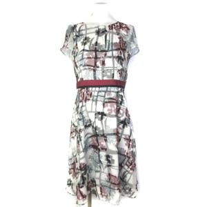 ワンピース シフォン 花柄 フレンチスリーブ ウエストマーク オフホワイト グレー 40