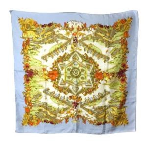 カレ90 Au Pays de Cocagne 楽園にて スカーフ シルク100％ ブルー ブロンズ