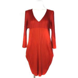 イッセイミヤケ プリーツ ワンピース ひざ丈 7分袖 Vネック レッド 3