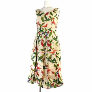 ワンピース ひざ丈 ノースリーブ バード柄 リネン100％ フレア M ライトベージュ