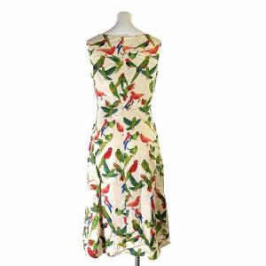 SYBILLA ワンピース ひざ丈 ノースリーブ バード柄 リネン100％ フレア M ライトベージュ