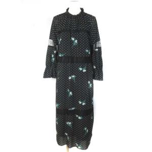 21SS ロングワンピース シフォン レース エンブロイダリー 花柄刺繍 ドット柄 36 ブラック