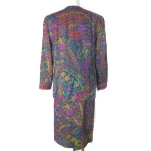 LEONARD スカート セットアップ スーツ シルク100 デニム調 ペイズリー柄 ノーカラー 金釦 インディゴブルー 9AR IBO24