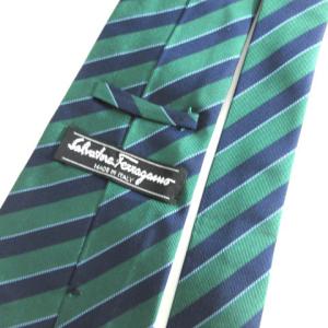 Salvatore Ferragamo ネクタイ シルク100 レジメンタル ストライプ グリーン ネイビー IBO25