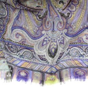 ETRO ストール カシミヤ100 ペイズリー柄 フリンジ パープル 紫 IBO25
