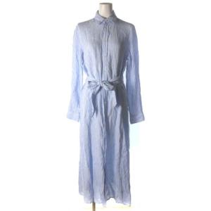 シャツワンピース ロング ストライプ ウエストマーク 長袖 麻 リネン ブルー