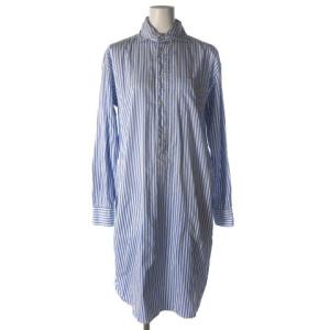 シャツワンピース ストライプ ワンポイント 長袖 スリット ブルー 青 0