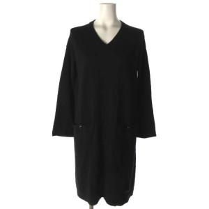 ニット ワンピース Vネック 長袖 ひざ丈 黒 ブラック 38