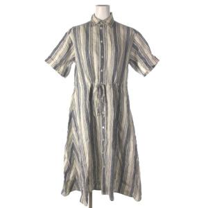 近年モデル シャツワンピース ロング リネン 麻 マルチストライプ 半袖 ドローストリング ウエストマーク ネイビー オフホワイト