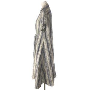 POLO RALPH LAUREN 近年モデル シャツワンピース ロング リネン 麻 マルチストライプ 半袖 ドローストリング ウエストマーク ネイビー オフホワイト